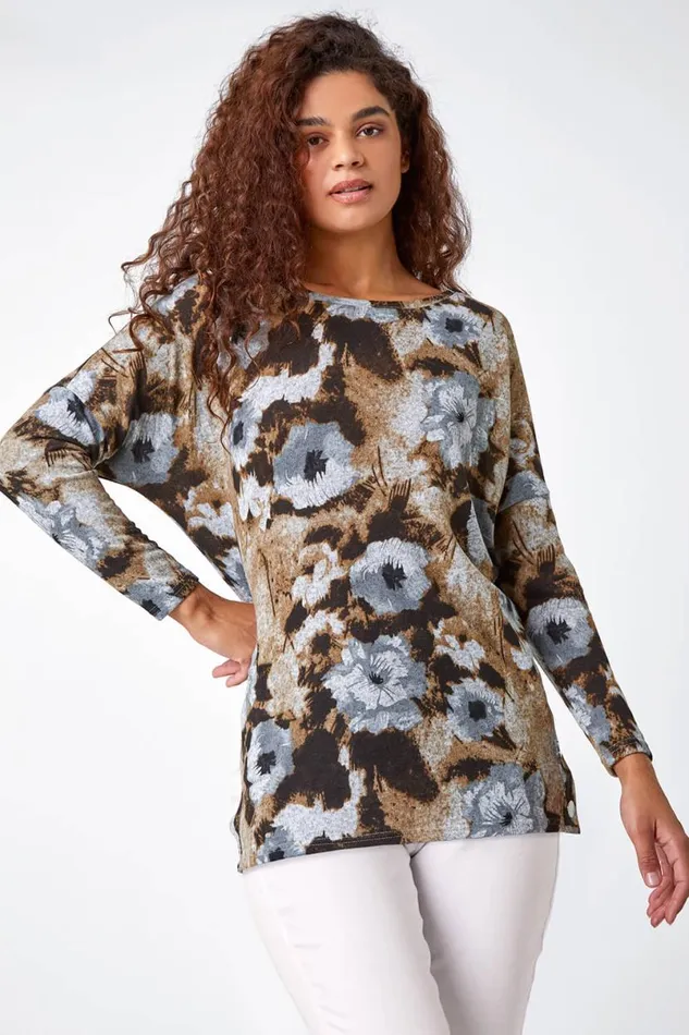 Neutral Floral Print Button Detail Stretch Top Women Roman Tops