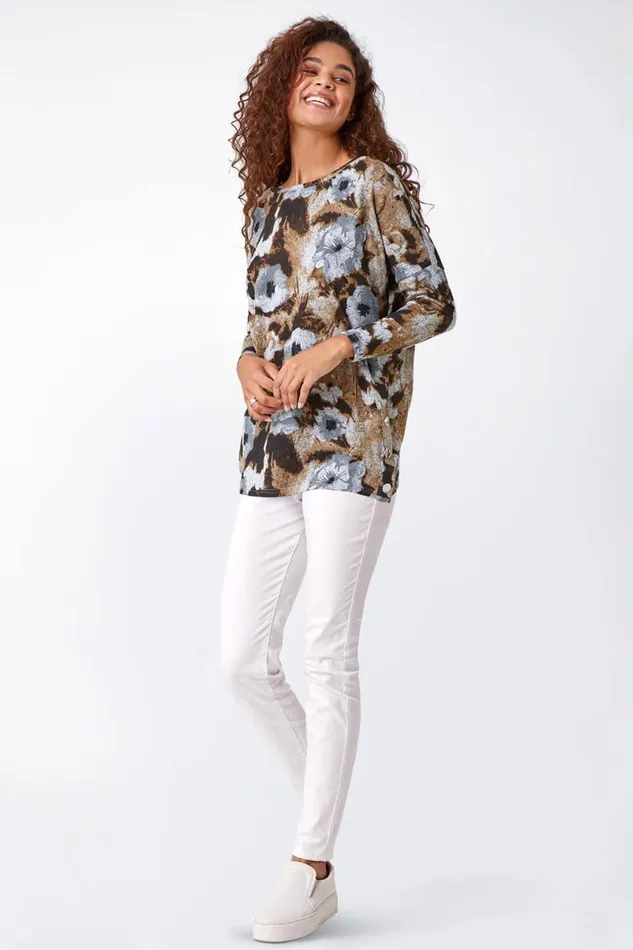 Neutral Floral Print Button Detail Stretch Top Women Roman Tops