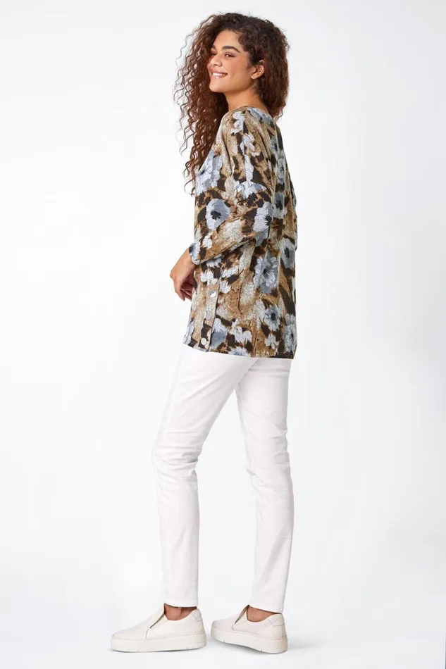 Neutral Floral Print Button Detail Stretch Top Women Roman Tops