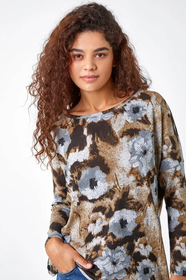 Neutral Floral Print Button Detail Stretch Top Women Roman Tops