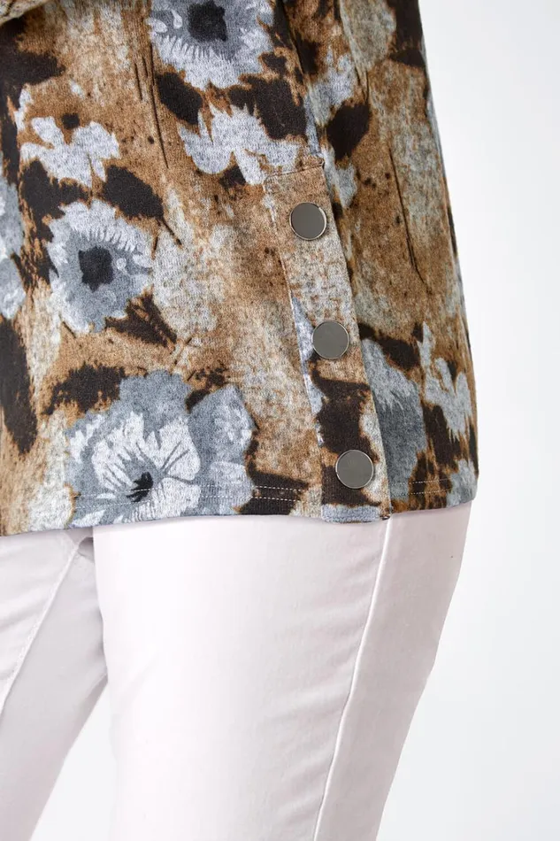 Neutral Floral Print Button Detail Stretch Top Women Roman Tops