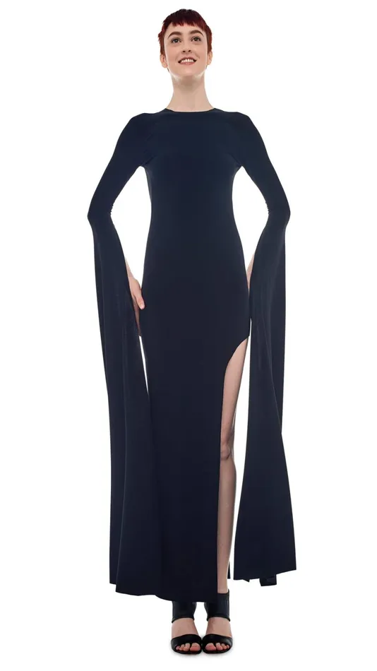 Norma Kamali Dresses RIBBON SLEEVE WIDE SLIT GOWN Black 8211 Clothing