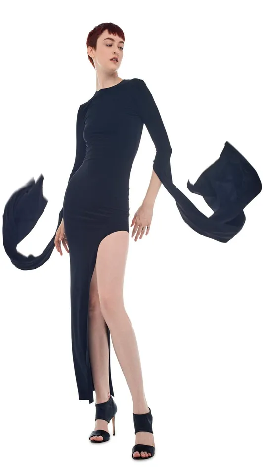 Norma Kamali Dresses RIBBON SLEEVE WIDE SLIT GOWN Black 8211 Clothing