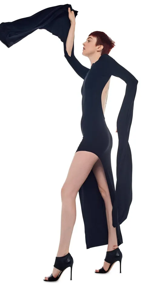 Norma Kamali Dresses RIBBON SLEEVE WIDE SLIT GOWN Black 8211 Clothing