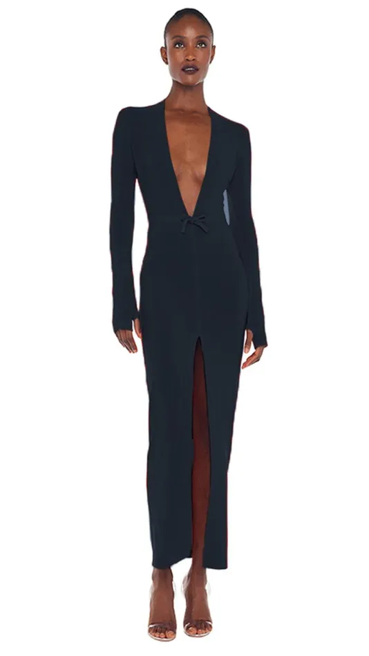 Norma Kamali Dresses V NECK CENTER FRONT SLIT GOWN Black 8211 Clothing