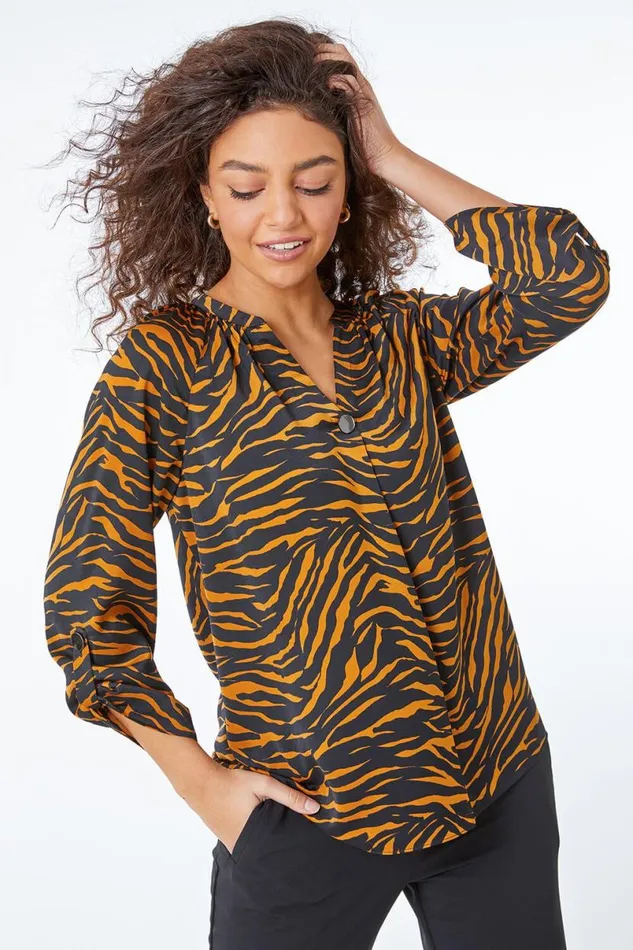 Ochre Petite Animal Print Shirt Women Roman Tops