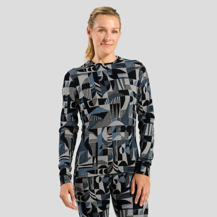 Odlo Base Layers The Natural Merino Warm Jacquard Base Layer Top Provincial Blue 8211 Black 8211 Women