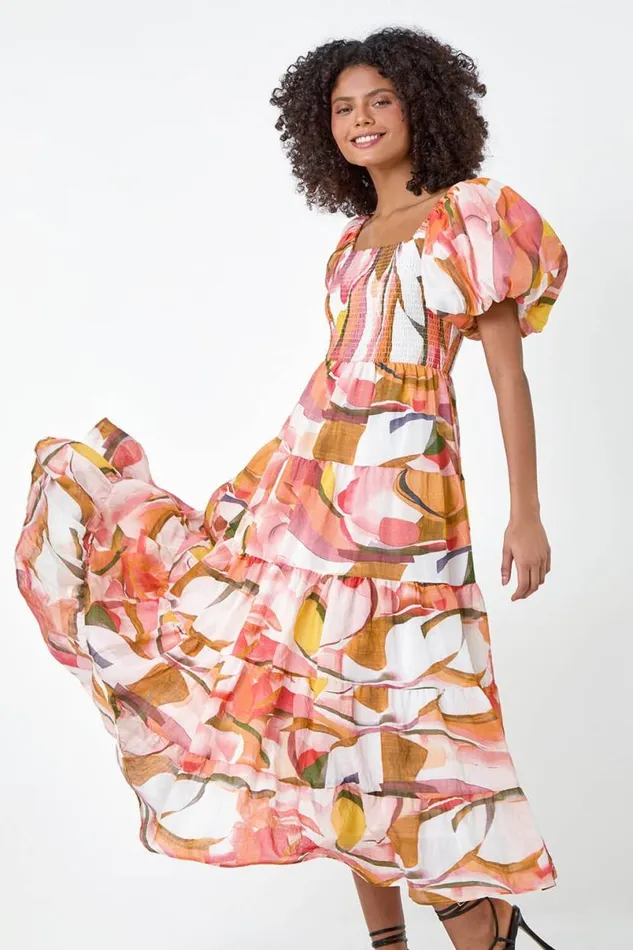Orange Abstract Tiered Puff Sleeve Midi Dress Women Roman Dresses