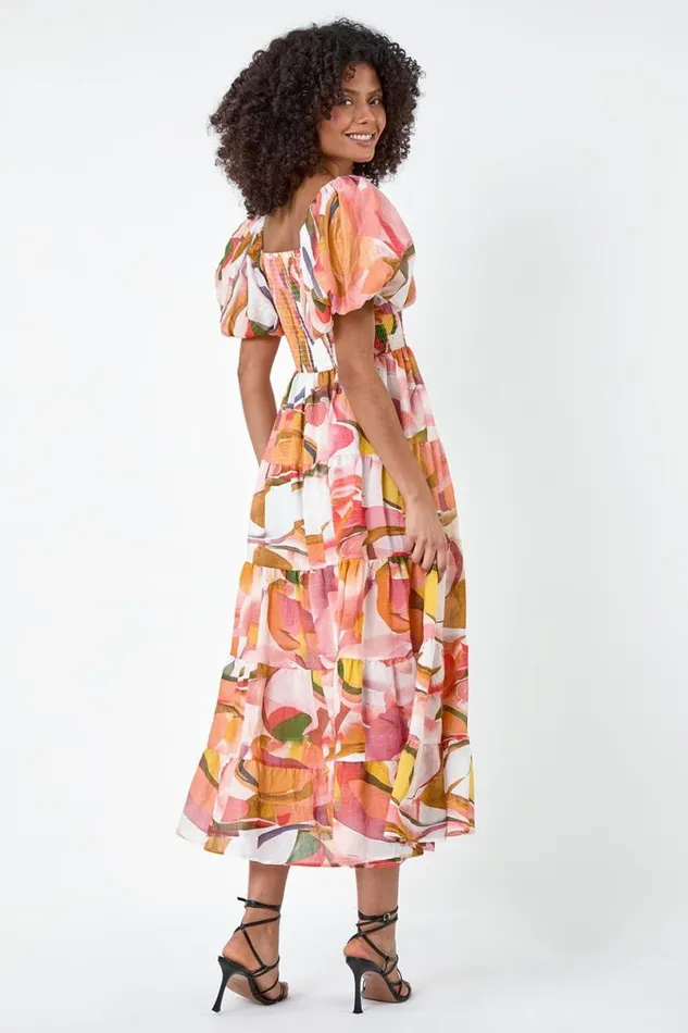 Orange Abstract Tiered Puff Sleeve Midi Dress Women Roman Dresses