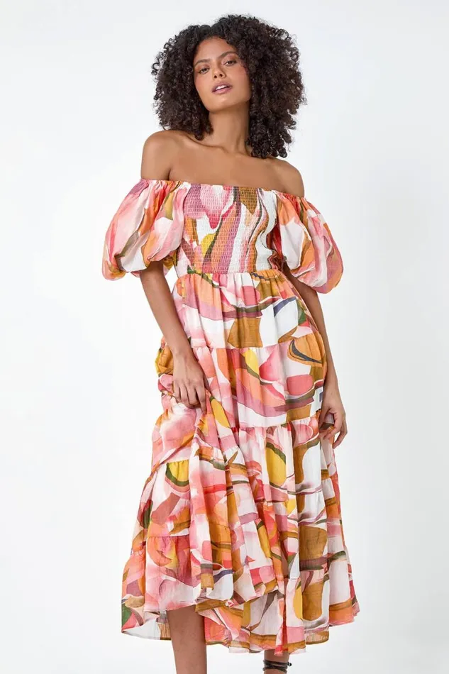 Orange Abstract Tiered Puff Sleeve Midi Dress Women Roman Dresses