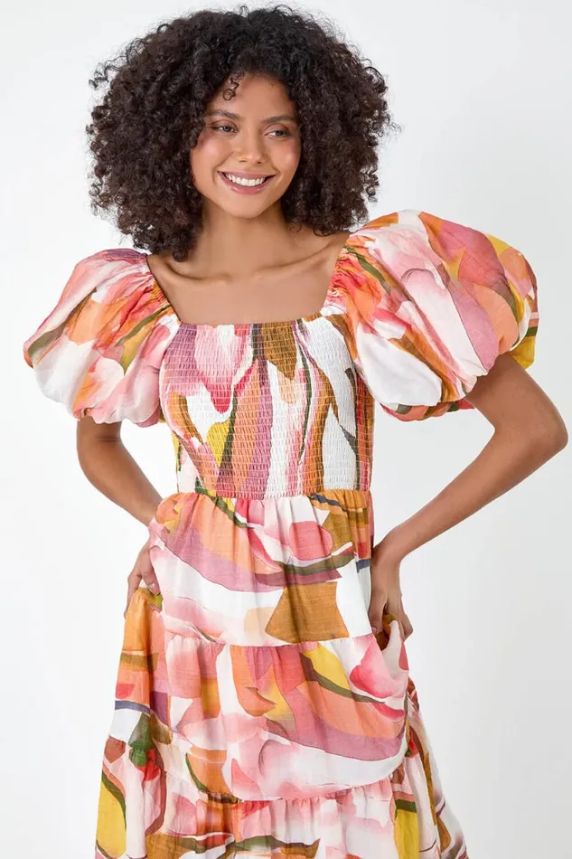 Orange Abstract Tiered Puff Sleeve Midi Dress Women Roman Dresses