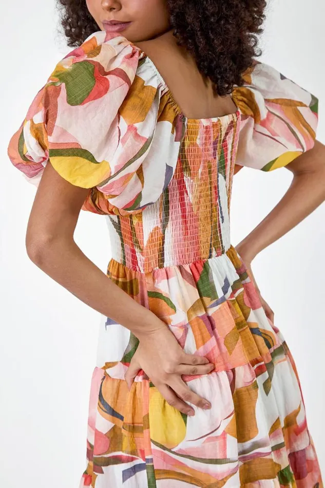 Orange Abstract Tiered Puff Sleeve Midi Dress Women Roman Dresses