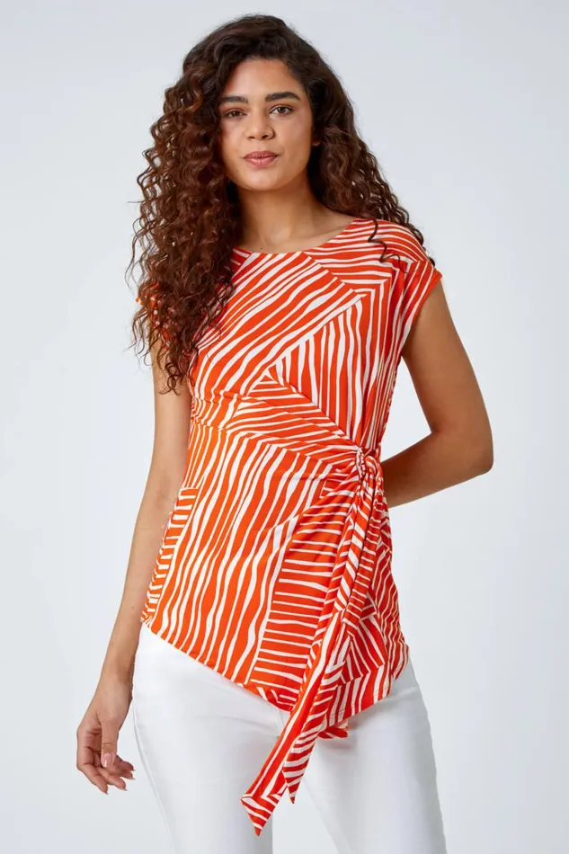 Orange Contrast Stripe Asymmetric Stretch Tie Top Women Roman Tops