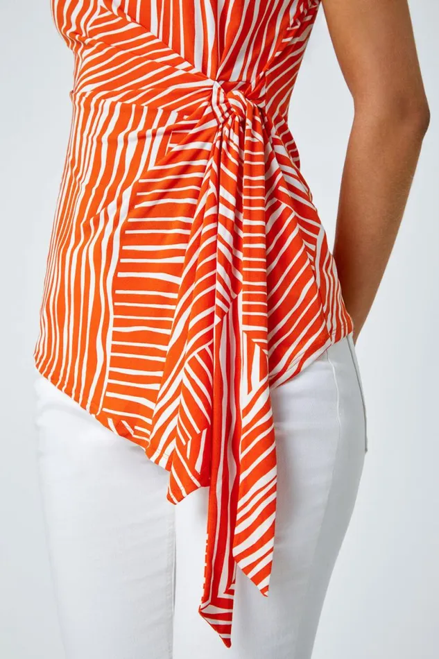 Orange Contrast Stripe Asymmetric Stretch Tie Top Women Roman Tops