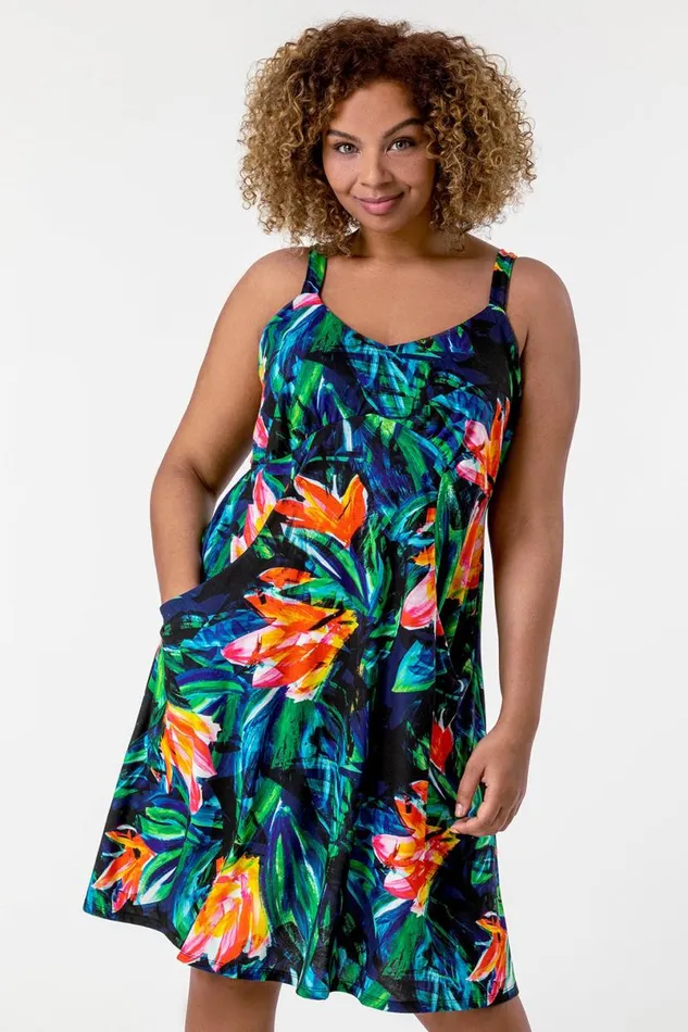 Orange Curve Tropical Print Strappy Dress Women Roman Dresses