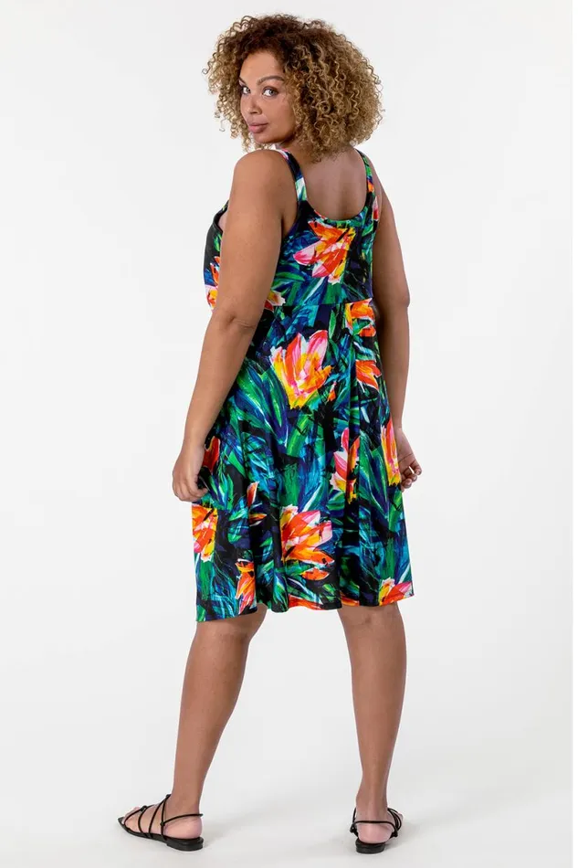 Orange Curve Tropical Print Strappy Dress Women Roman Dresses