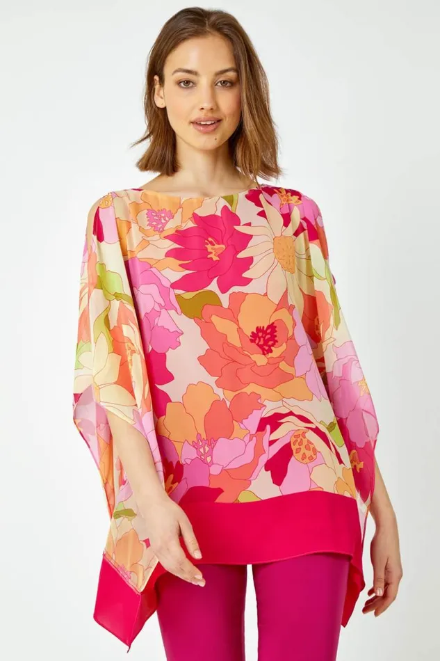 Orange Floral Print Cold Shoulder Chiffon Top Women Roman Tops