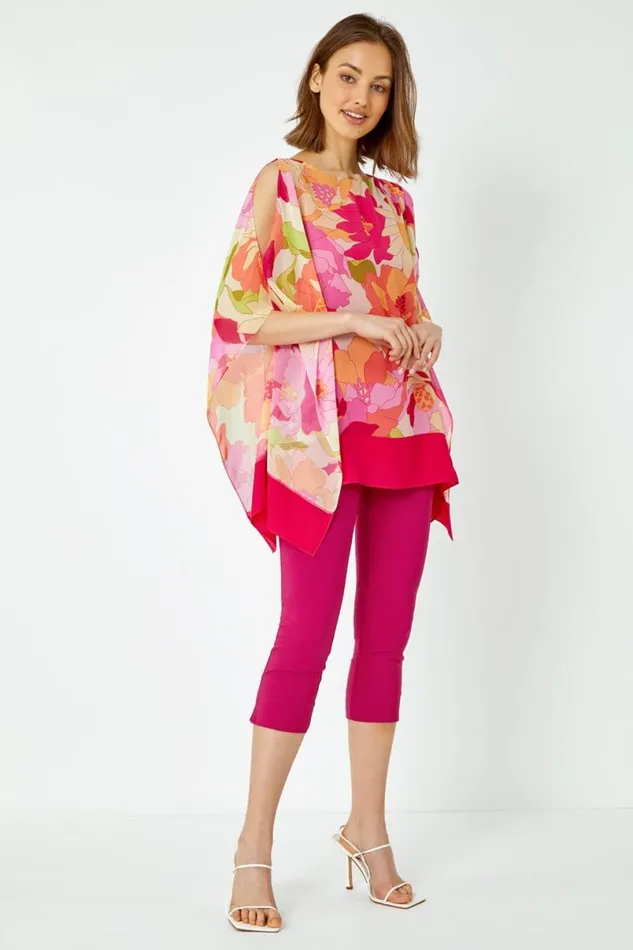 Orange Floral Print Cold Shoulder Chiffon Top Women Roman Tops