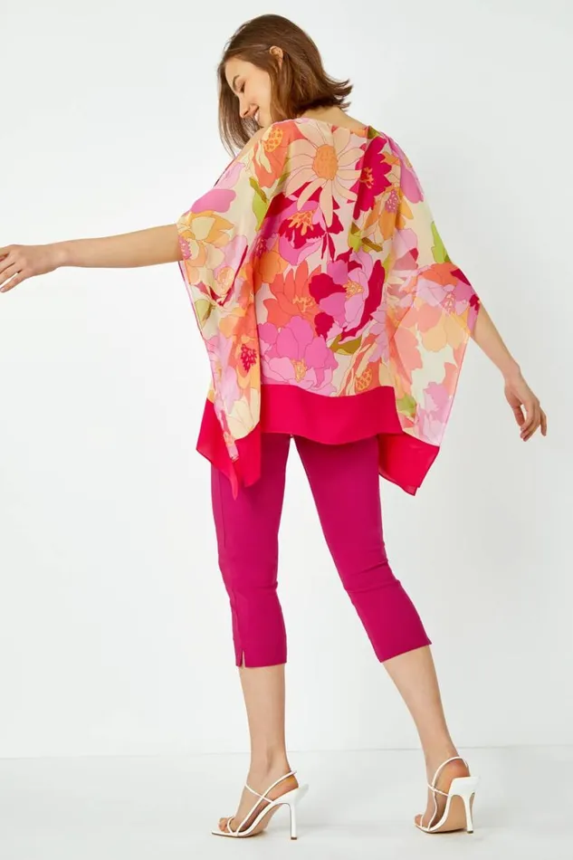 Orange Floral Print Cold Shoulder Chiffon Top Women Roman Tops