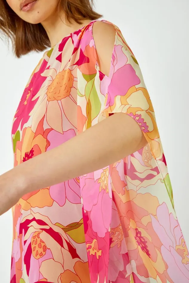 Orange Floral Print Cold Shoulder Chiffon Top Women Roman Tops