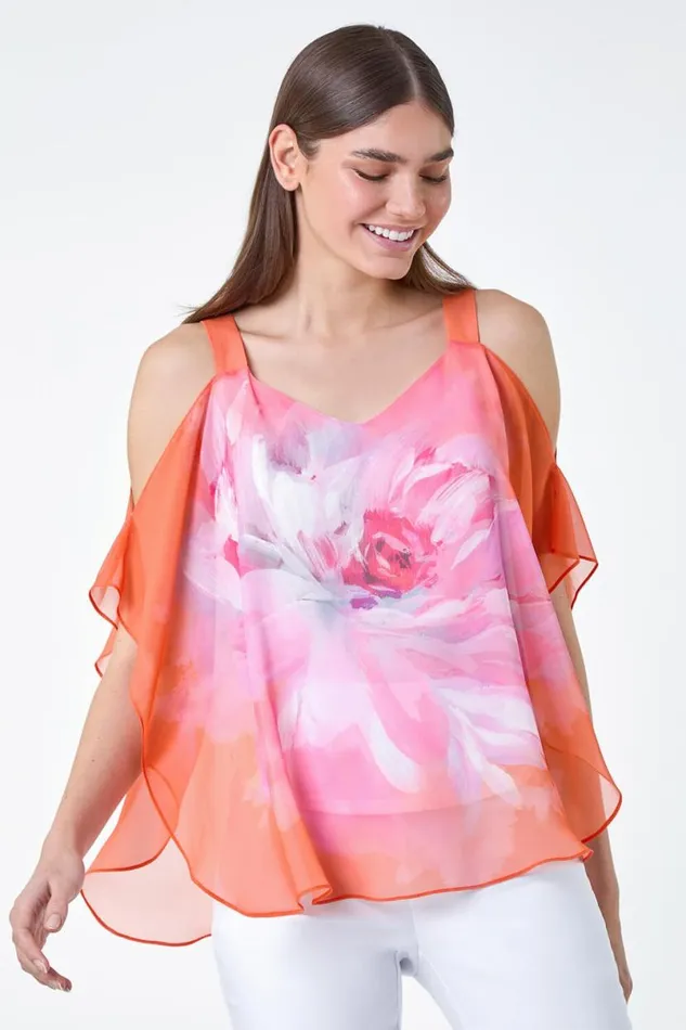 Orange Floral Print Cold Shoulder Overlay Top Women Roman Tops