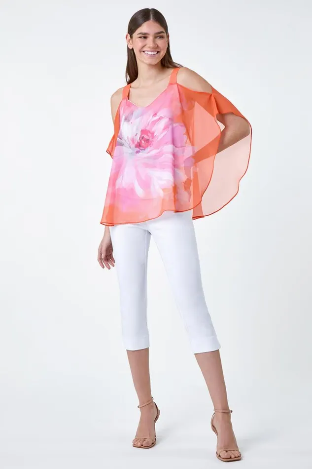 Orange Floral Print Cold Shoulder Overlay Top Women Roman Tops