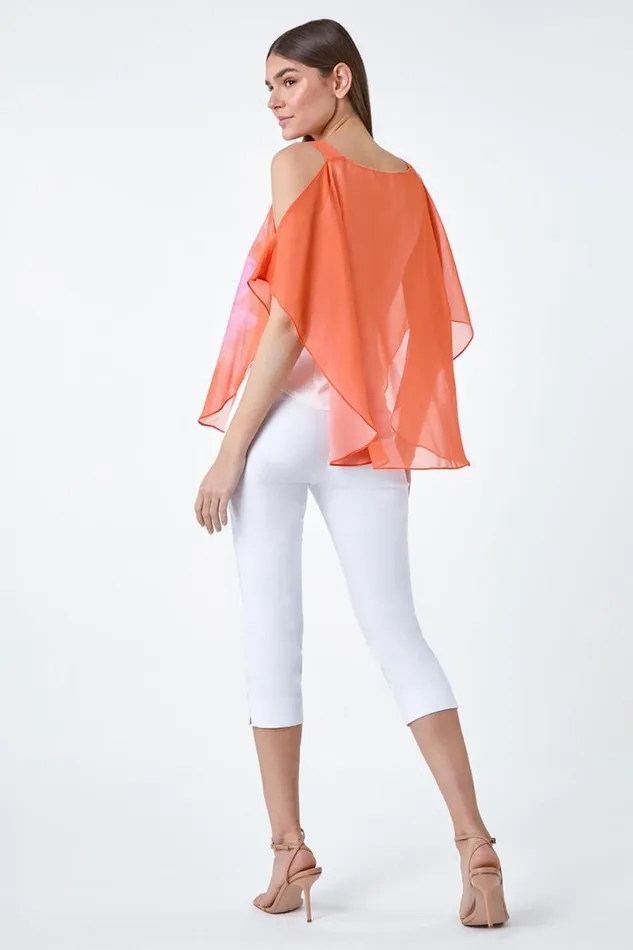 Orange Floral Print Cold Shoulder Overlay Top Women Roman Tops