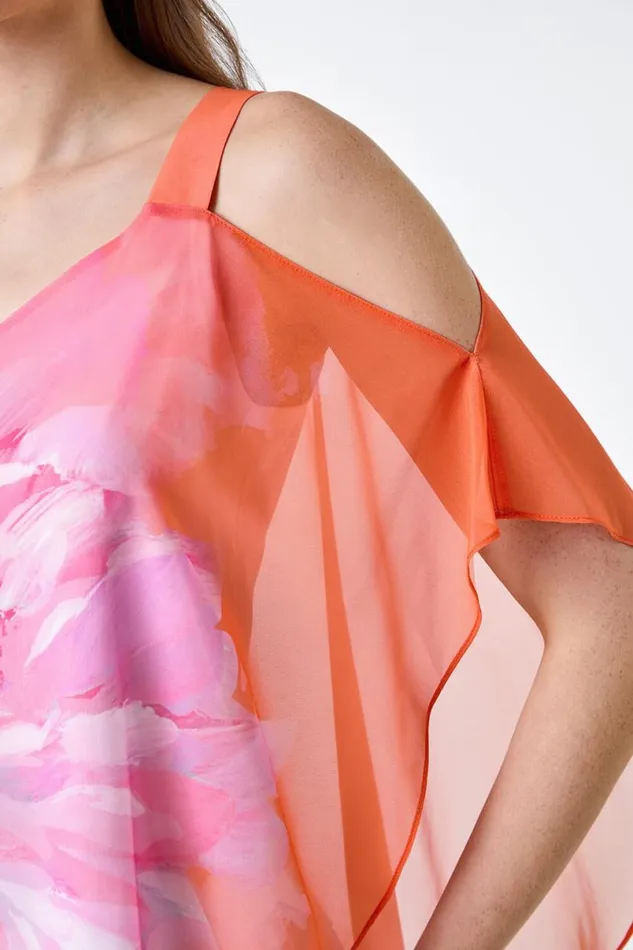 Orange Floral Print Cold Shoulder Overlay Top Women Roman Tops