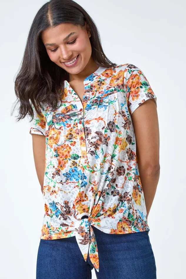 Orange Floral Print Tie Detail VNeck Top Women Roman Tops