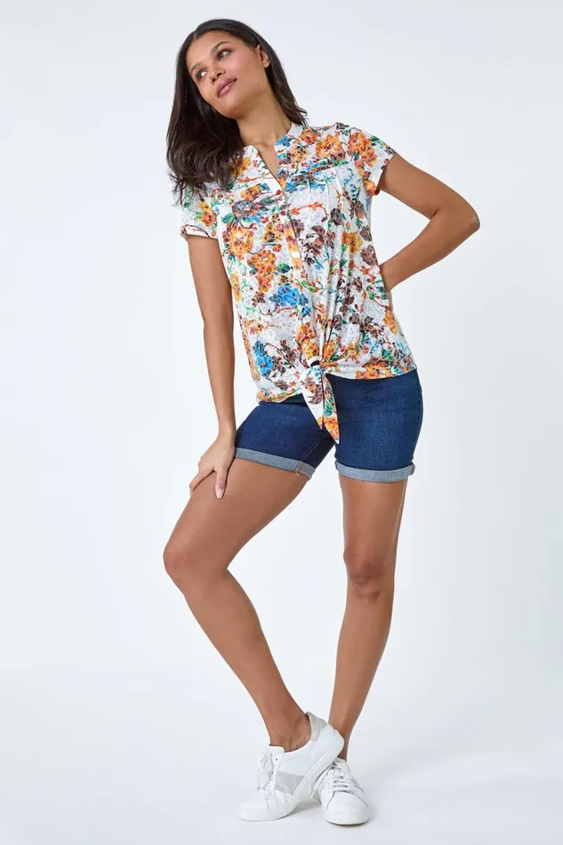 Orange Floral Print Tie Detail VNeck Top Women Roman Tops