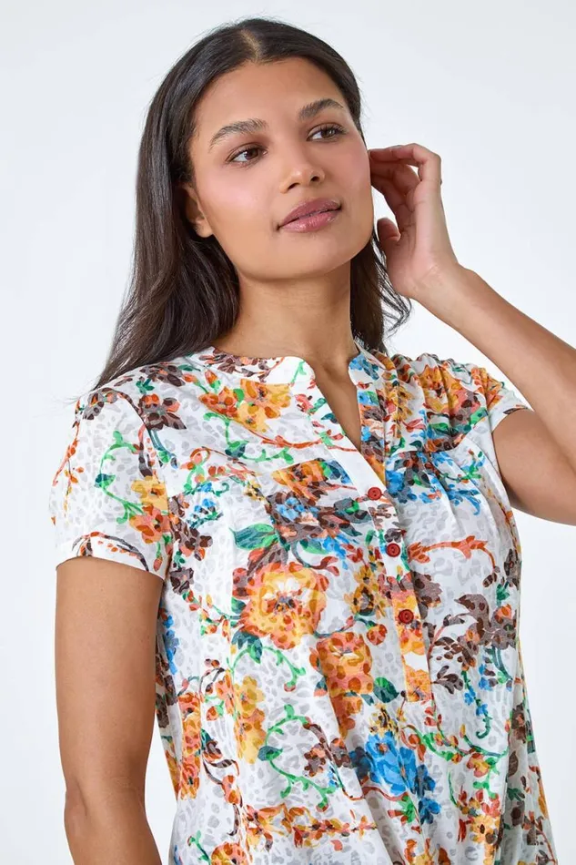 Orange Floral Print Tie Detail VNeck Top Women Roman Tops