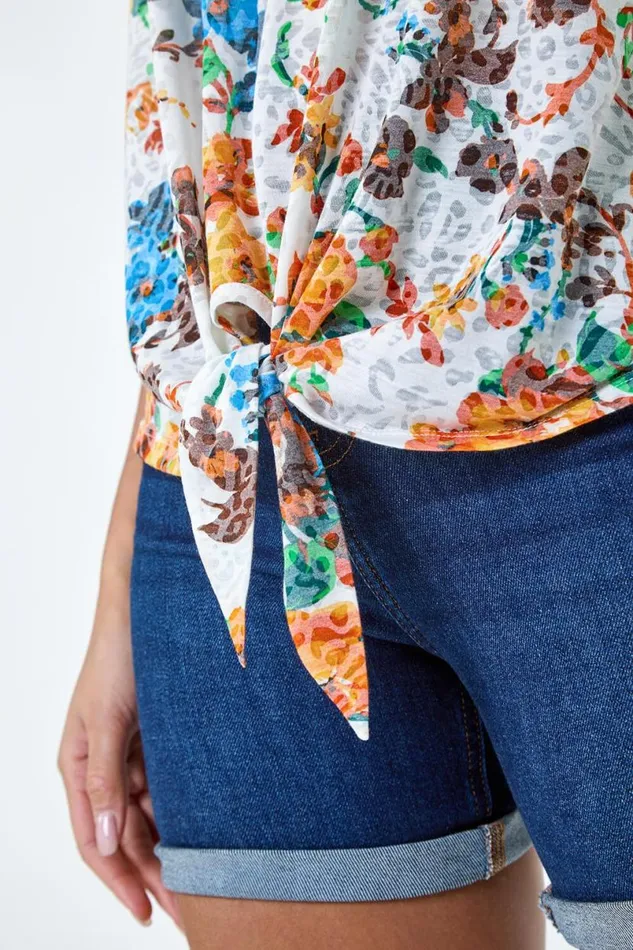Orange Floral Print Tie Detail VNeck Top Women Roman Tops