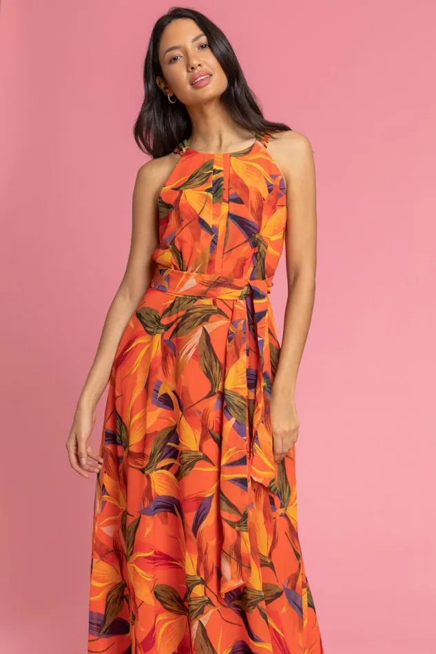 Orange Floral Print Tie Waist Chiffon Maxi Dress Women Roman Dresses