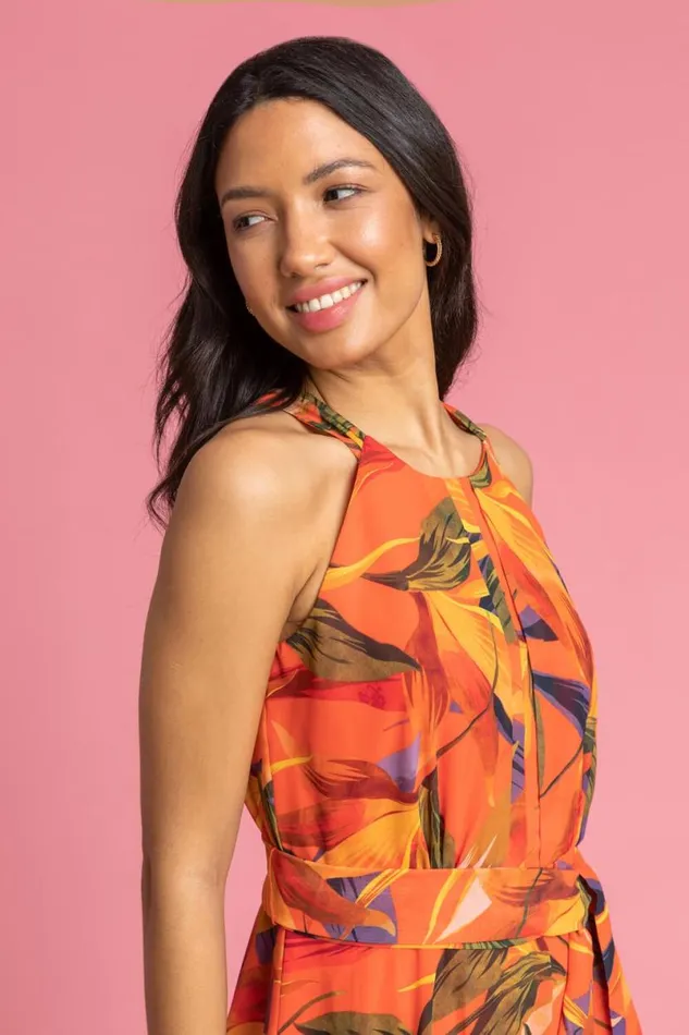 Orange Floral Print Tie Waist Chiffon Maxi Dress Women Roman Dresses