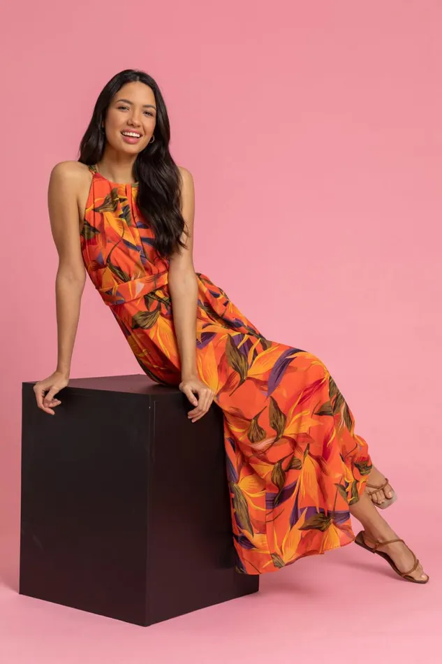 Orange Floral Print Tie Waist Chiffon Maxi Dress Women Roman Dresses