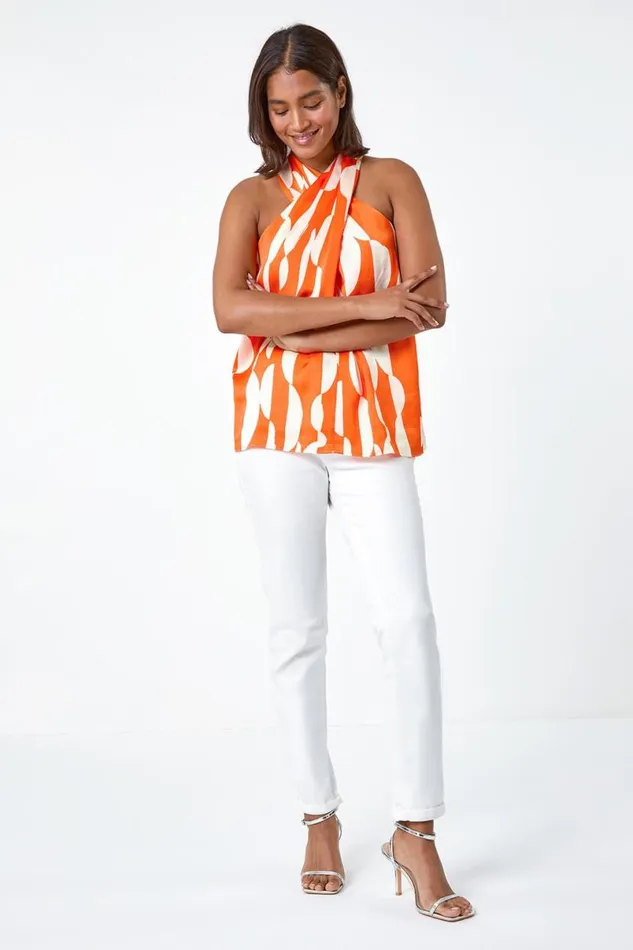 Orange Geometric Print Halterneck Satin Top Women Roman Tops