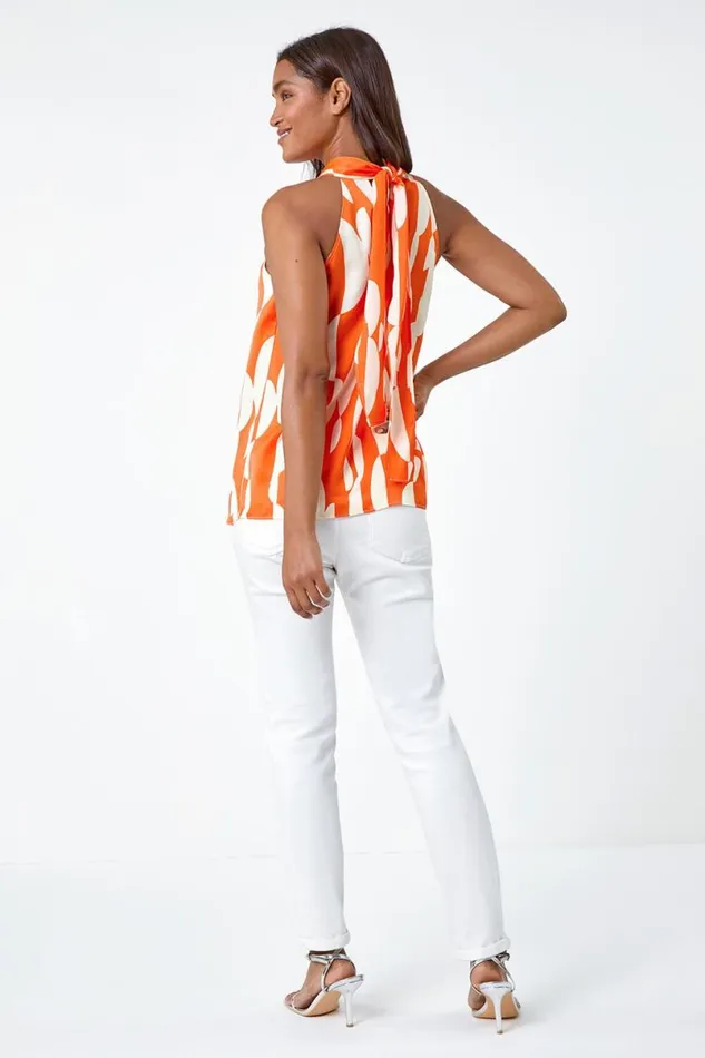 Orange Geometric Print Halterneck Satin Top Women Roman Tops