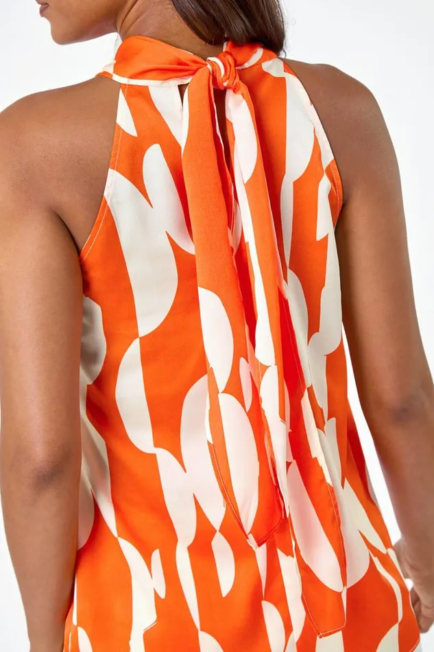 Orange Geometric Print Halterneck Satin Top Women Roman Tops