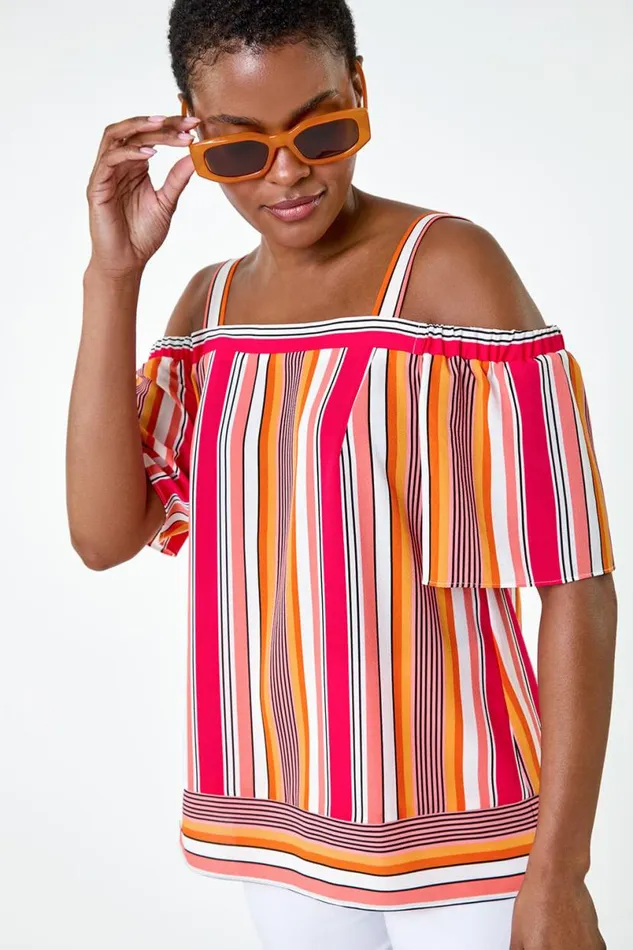 Orange Stripe Print Cold Shoulder Bardot Top Women Roman Tops
