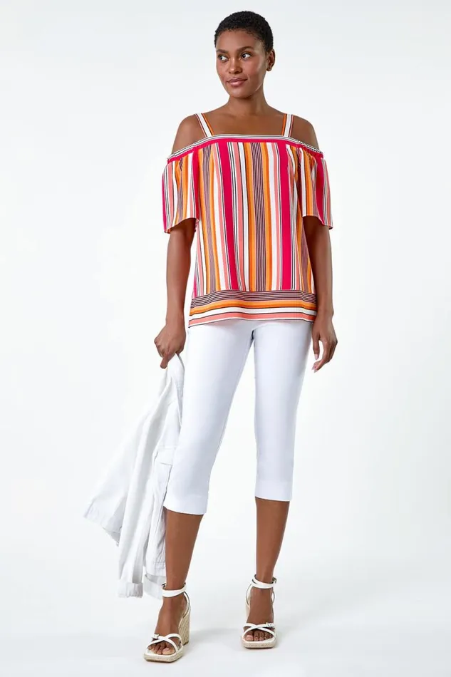 Orange Stripe Print Cold Shoulder Bardot Top Women Roman Tops