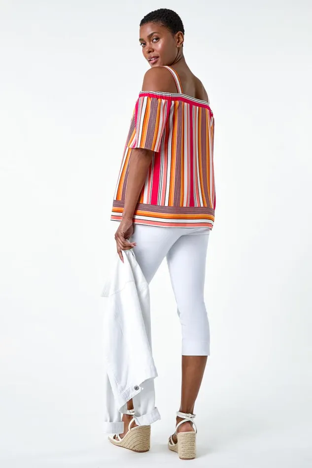 Orange Stripe Print Cold Shoulder Bardot Top Women Roman Tops