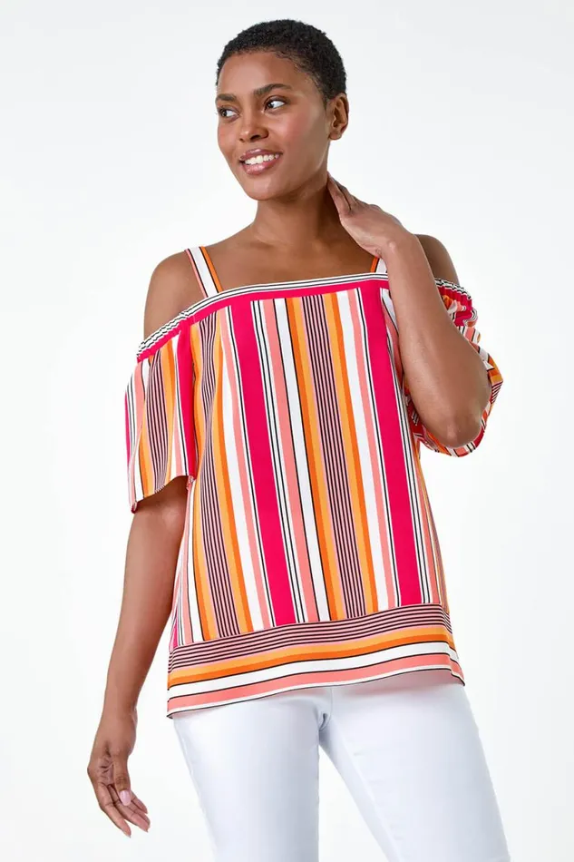 Orange Stripe Print Cold Shoulder Bardot Top Women Roman Tops