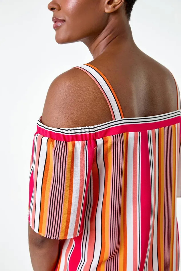 Orange Stripe Print Cold Shoulder Bardot Top Women Roman Tops