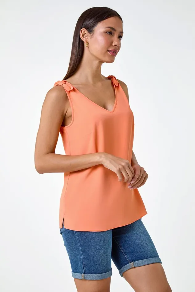 Orange Tie Detail Strap VNeck Cami Top Women Roman Tops