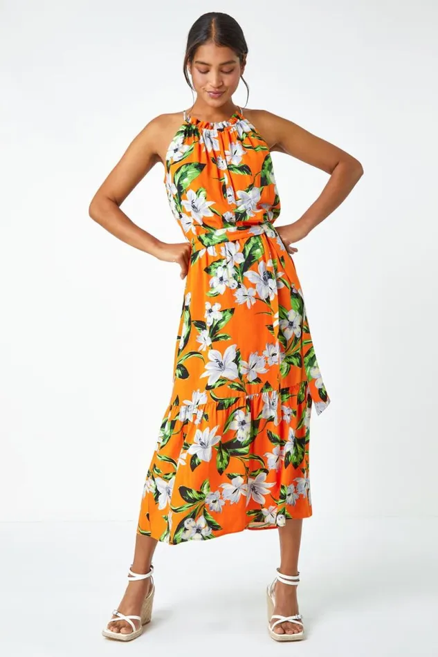 Orange Tropical Floral Halterneck Tiered Dress Women Roman Dresses