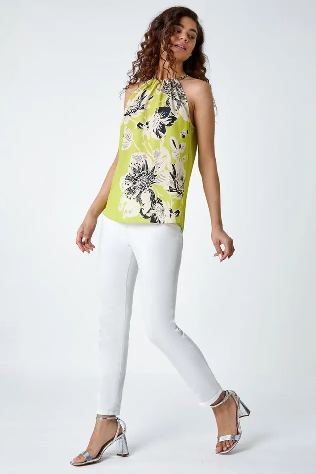 Pale Green Floral Halterneck Top Women Roman Tops
