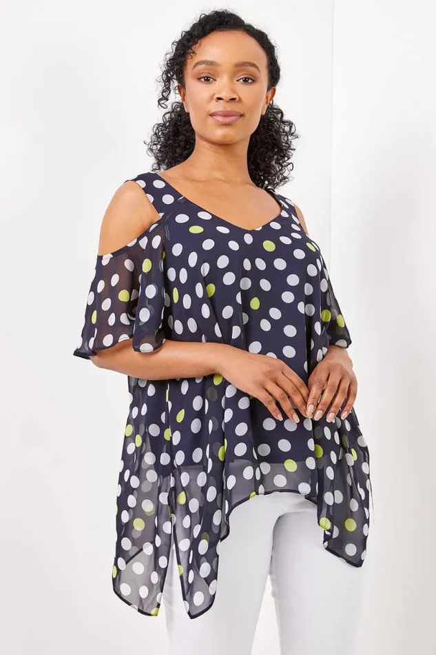 Petite Cold Shoulder Spot Hanky Hem Chiffon Top Women Roman Tops
