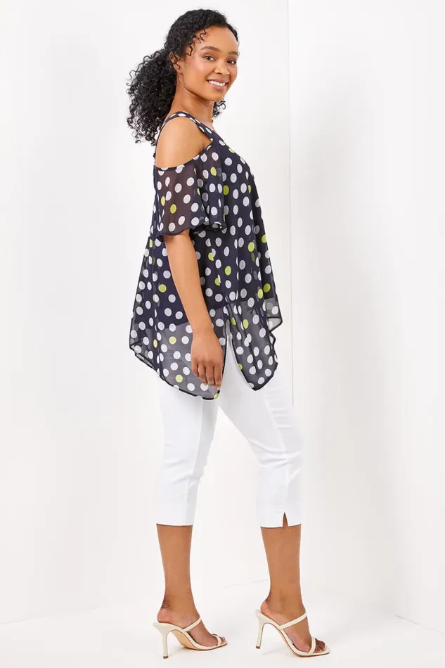 Petite Cold Shoulder Spot Hanky Hem Chiffon Top Women Roman Tops