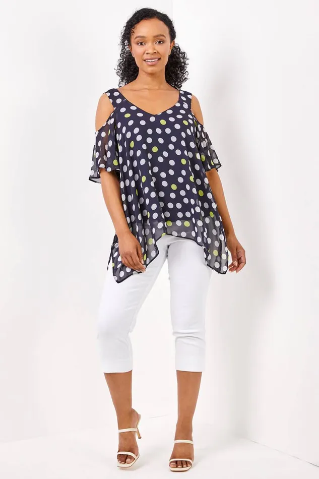 Petite Cold Shoulder Spot Hanky Hem Chiffon Top Women Roman Tops