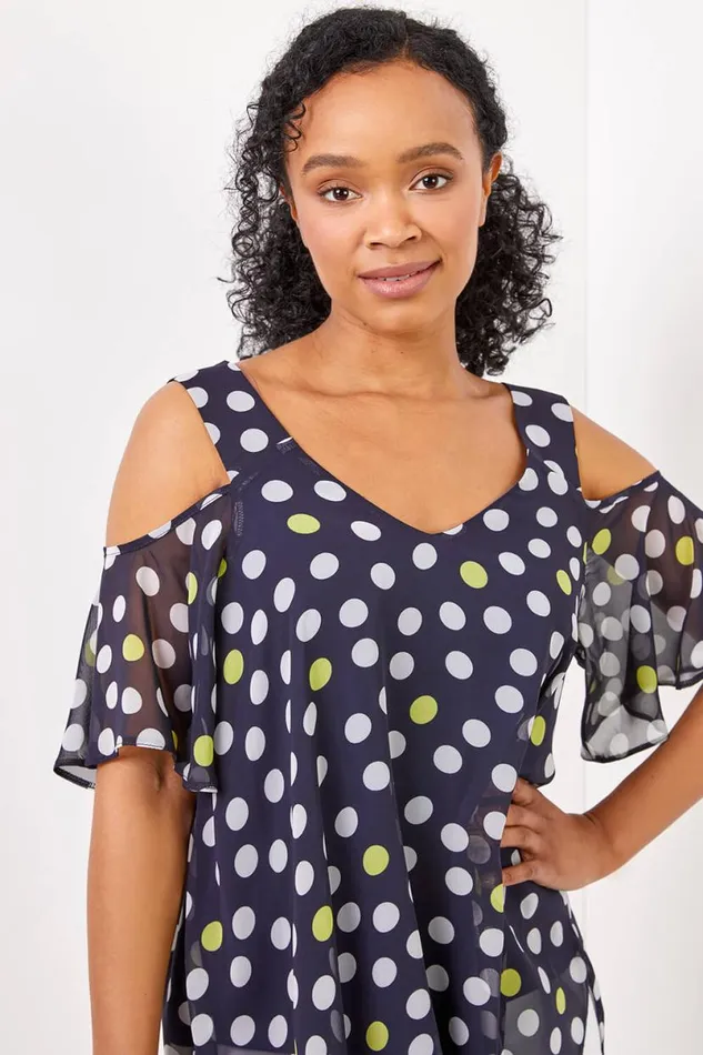 Petite Cold Shoulder Spot Hanky Hem Chiffon Top Women Roman Tops